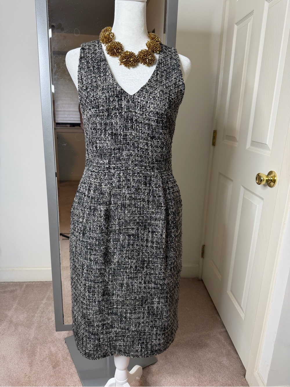 J. Crew Black and White Tweed V-Neck Sheath Dress